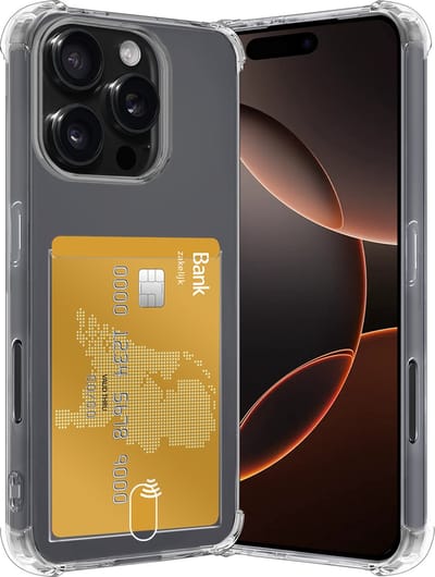 Hoes - Geschikt voor Apple iPhone 16 Pro - Met Pashouder en Kaarthouder - Telefoon Hoesje Shockproof - Siliconen Case - Back Cover - Shock Proof - Pasjes Houder - Transparant