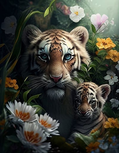 AI - Woondecoratie - Poster - Dieren - Tijger - Welp - Bloemen en jungle - 23 - 40 x 50 cm