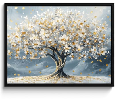 Poster in lijst - Fotolijst 70x50 cm - Posters - Boom - Winter - Levensboom - Modern - Goud - Posterlijst zwart - Decoratie - Wanddecoratie woonkamer - Muurdecoratie slaapkamer