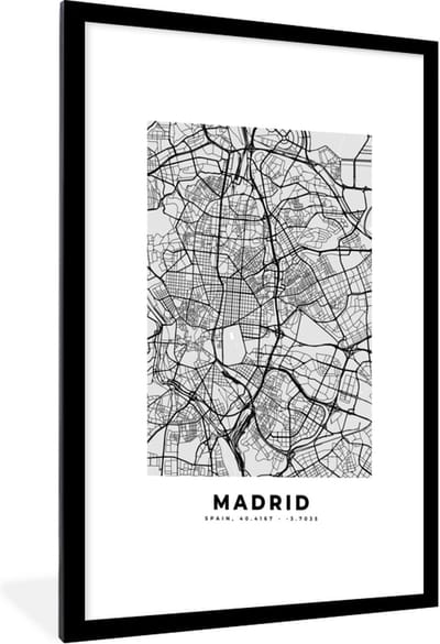 Fotolijst incl. Poster Zwart Wit- Madrid - Zwart Wit - Stadskaart - Plattegrond - Kaart - 60x90 cm - Posterlijst