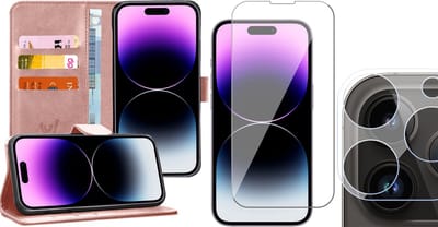 Hoesje geschikt voor iPhone 14 Pro - Book Case Kunstleer Wallet Cover Portemonnee Pasjeshouder Hoes Roségoud - Tempered Glass Screenprotector - Camera Lens Protector