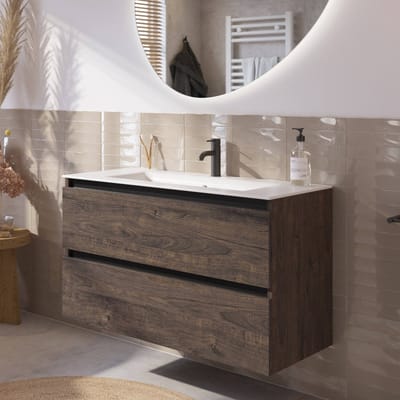 Saqu Gaia badmeubel incl. mat witte keramische wastafel 100x46x61cm kasteel bruin – zwarte greeplijst