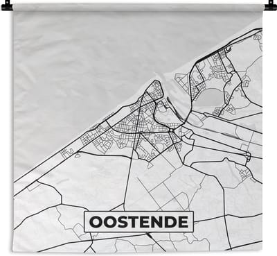 Wandkleed - Wanddoek - België – Oostende – Stadskaart – Kaart – Zwart Wit – Plattegrond - 180x180 cm - Wandtapijt