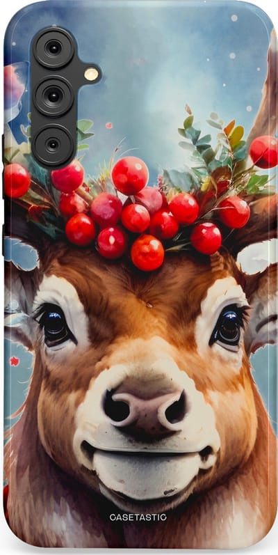 Casetastic hoesje geschikt voor Samsung Galaxy A34 (2023) 5G - Dubbellaagse bescherming - Rudolph het Kerst Rendier - Fashion Case - Zilver Taupe Donkergrijs Perzik