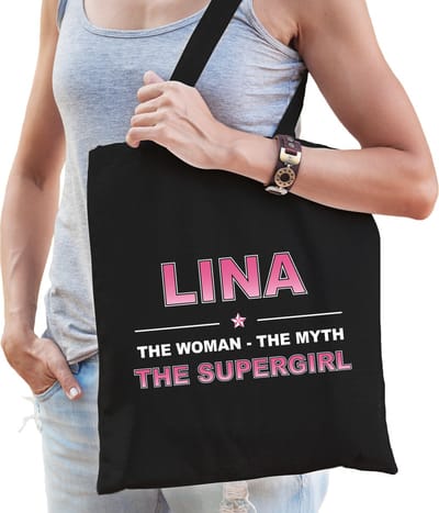 Naam cadeau Tasje voor Lina - The woman, The myth the supergirl - katoenen - zwart - verjaardag - moederdag - collega - vriendin