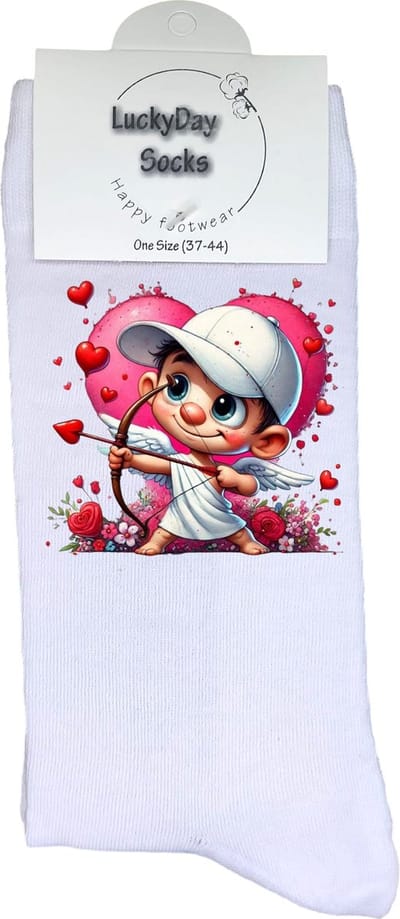 Cupido - Valentijn sokken - Grappige sokken - Leuke sokken - Hem Haar sokken - Vrolijke sokken - Lieve sokken - Valentijn Cadeau - Vaderdag - Moederdag - Verjaardag cadeau - Kerst cadeau - Leuk Cadeau - Liefde - Hartje - Sokken maken Happy - 37-44