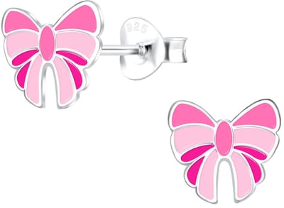 Joy|S - Zilveren strikje oorbellen - 8 mm - roze tinten met zilver randje