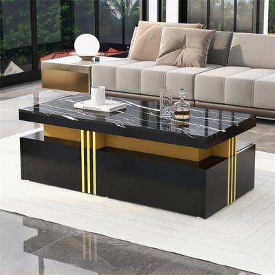 YEHTOKHOME Salontafel met marmerlook - Moderne rechthoekige koffietafel met 2 houten lades - Hoogglans afwerking - Gouden metalen rand - 100x50x40 cm - Zwart