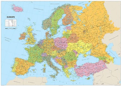 Europa Kaart - Landkaart Educatief - Leren Geografie - Gedetailleerd Overzicht - A1 59.5 x 84 cm - Gekleurd