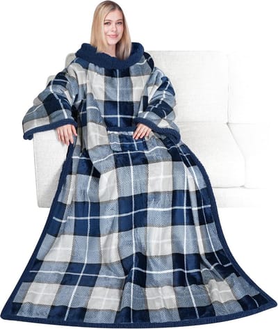Luxe Fleece Deken met Mouwen voor Volwassenen, Extra Warme Pluche TV Dekentrui Blauw Geruit