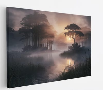 Saammp Canvas Schilderij - Water - mistig Landschap - Natuur - 45x30 - Foto op canvas - Wanddecoratie - Muurdecoratie Woonkamer - Slaapkamer decoratie - Canvas Print