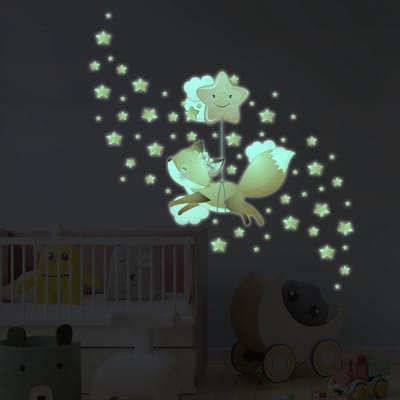 Lichtgevende sticker - VOS IN DE STERREN + 60 STERREN - Fluorescerende muur-/plafondsticker voor kinderen - 40x40cm