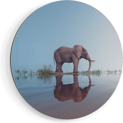 Artaza Dibond Muurcirkel Olifant Bij Het Water - Ø 40 cm - Klein - Wandcirkel - Rond Schilderij - Voor Binnen en Buiten