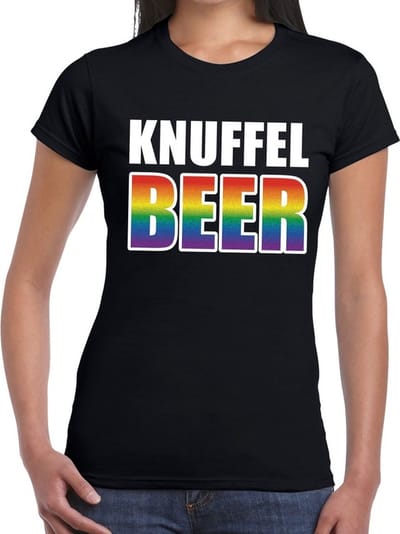 Knuffel beer gay pride t-shirt zwart met regenboog tekst voor dames - Gay pride/LGBT kleding XS
