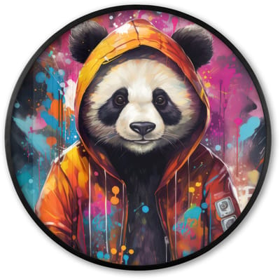 Poster in lijst Rond - Fotolijst 60x60 cm - Posters - Panda - Jas - Graffiti - Oranje - Ronde posterlijst zwart - Decoratie - Wanddecoratie woonkamer - Muurdecoratie slaapkamer