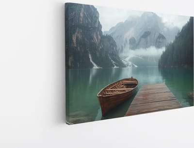 Saammp Canvas Schilderij - Boot aan steiger - Dolomieten - Landschap - Natuur - 45x30 - Foto op canvas - Wanddecoratie - Muurdecoratie Woonkamer - Slaapkamer decoratie - Canvas Print