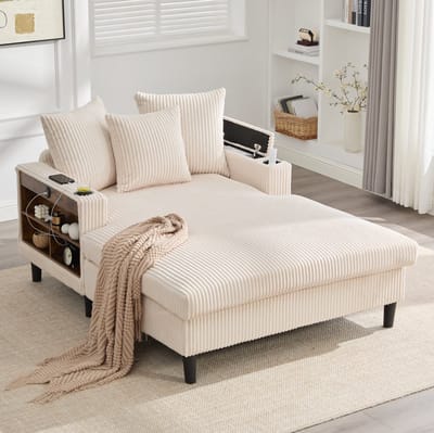 MODENUIT Chaise Longue 129x170 cm - Met Led, Usb, Opbergruimte En Bekerhouders - Voor Woonkamer - Cord Beige