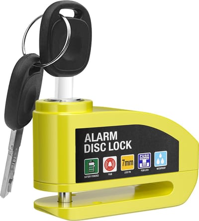 Skynzor - Motorcycle Lock - Fietsslot Alarm - Motorfiets Alarm - Bike Alarm and Tracker - Fiets Alarm - Hangslot Fiets - Schijfremslot - Motorslot - Brommer Slot - Motor Slot Alarm - Scooter Schijfslot - met Reminderkabel & Tasje - Geel - 2 Sleutels