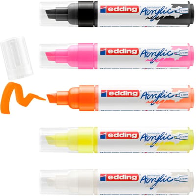 edding 5000 acrylstiften breed - wit zwart neon-geel neon-oranje neon-roze - set met 5 acrylkleuren (neon) - beitelpunt 5-10 mm - acrylverf voor schilderen op canvas, hout - acrylstiften, watervast