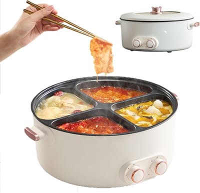 Elektrische Kookpot - Hotpot Stoofpot - Grote Maaltijden - Vier Roosters Onafhankelijk - 6 Liter 2000 Watt - Wit