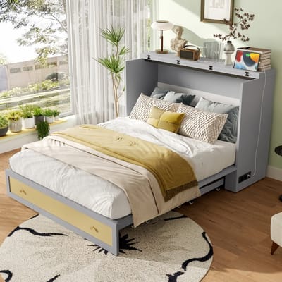 MODENUIT Kastbed 140x200 cm – Ombouwbaar Platformbed met USB en Stopcontact – Lades en Hoofdbordrek – Zonder matras – Grijs
