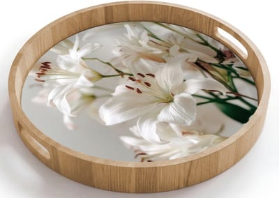 Dienblad rond 40x40 cm - Schootdienblad hout - Lelies - Boekte - Wit - Meeldraden - Borrelplank rechthoek - Plateau houten dienbladen