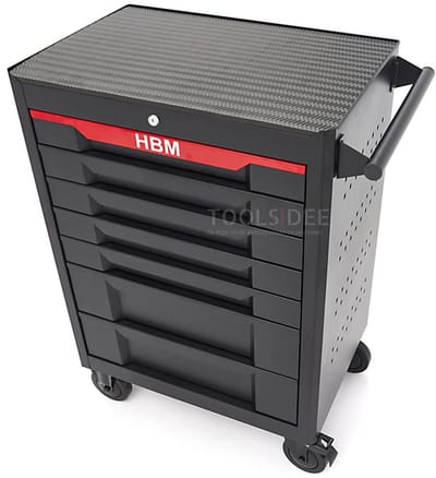 HBM gereedschapswagen 7 laden 68 cm zwart met werkblad, slot en 4 wielen, draagvermogen 300 kg