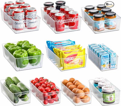 Famanu - Koelkastorganizer, set van 10, doorzichtige opbergdoos, organizer, hoogwaardige voorraaddozen met handvat, voor koelkast, keuken, kasten, BPA-vrij