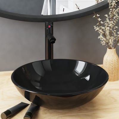 vidaXL - Wastafel - met - kraan - en - pop-up - afvoer - gehard - glas - zwart