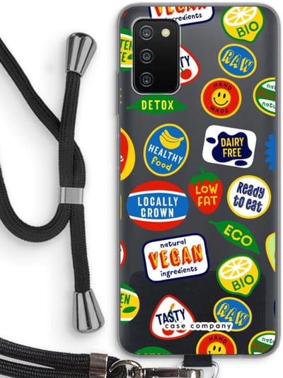 Case Company® - Hoesje met koord geschikt voor Samsung Galaxy A03S hoesje met Koord - Fruitsticker - Telefoonhoesje met Zwart Koord - Bescherming aan alle Kanten en Over de Schermrand
