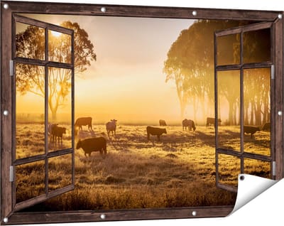 Gards Tuinposter Doorkijk Kudde Koeien in de Wei met Zonsopkomst - 120x80 cm - Tuindoek - Tuindecoratie - Wanddecoratie buiten - Tuinschilderij