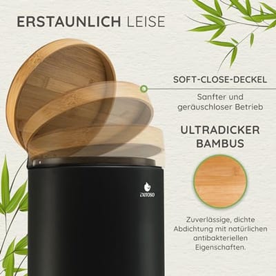 Vuilnisemmer badkamer zwart - Cosmetica-emmer met bamboe houten deksel - Softclose mechanisme - Pedaalemmer van roestvrij staal
