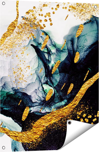 Gards Tuinposter Abstracte Kunst - Zwart Wit met Gouden Strepen - 60x80 cm - Tuindoek - Tuindecoratie - Wanddecoratie buiten - Tuinschilderij