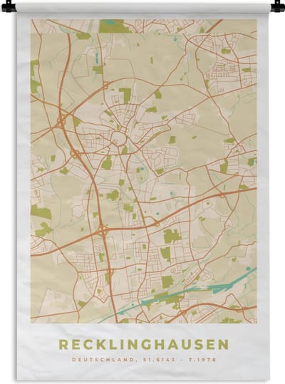 Wandkleed - Wanddoek - Plattegrond - Recklinghausen - Kaart - Stadskaart - Vintage - 120x180 cm - Wandtapijt