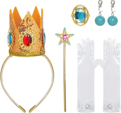 Meisjes Prinsessen Kostuum Set met 5 Accessoires: Kroon, Oorbellen, Handschoenen, Broche en Toverstaf voor Verjaardagsfeest en Themapartij