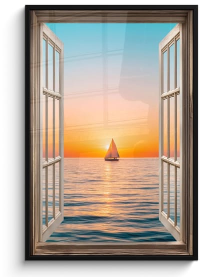 Poster in lijst - Fotolijst 80x120 cm - Posters - Doorkijk - Zee - Boot - Zonsondergang - Posterlijst zwart - Decoratie - Wanddecoratie woonkamer - Muurdecoratie slaapkamer