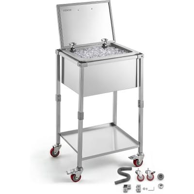 VEVOR 56,4 L Roestvrijstalen Koelwagen met Scharnierend Deksel en Wielen voor Dranken, Staand Model, Drankkar met Plank, Drankkoeler Op Wielen, 558 X 455 X 1003 mm, voor Terras, Tuinfeesten en Bars