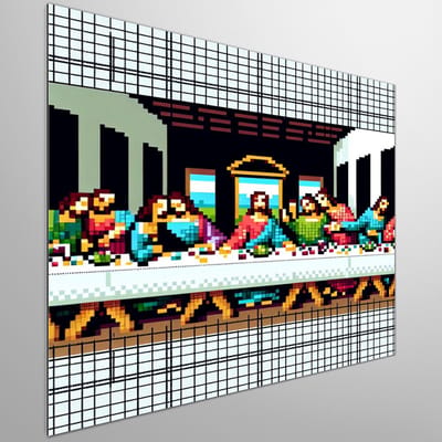 Pixel art laatste avondmaal schilderij | Digitale interpretatie van het Laatste Avondmaal in pixelvorm | Kunst - 100x100 centimeter op Dibond | Foto op Dibond