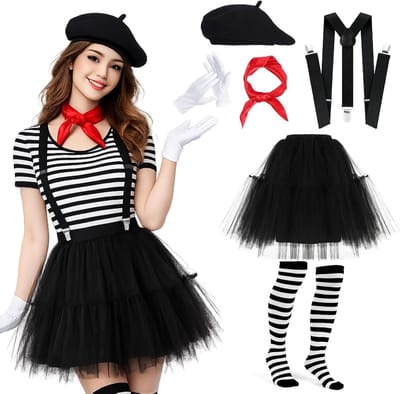 Carnaval Mime Kostuum voor Vrouwen met Zwarte Tutu Rok, Beret, Steunkousen en Rode Sjaal voor Cosplay en Mardi Gras Feestjes