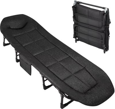 Opklapbaar Veldbed 200 cm - Met Kussen en Hoofdkussen - voor camping en binnen/buiten - Zwart Metaal Frame - Blauw/Groen