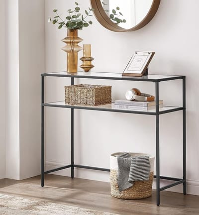 Nancy's Goldfield Console Tafel - Bijzettafel - 2 Niveaus - Gehard Glas - Metalen Frame - Verstelbare Poten - Zwart - 100 x 35 x 80 cm