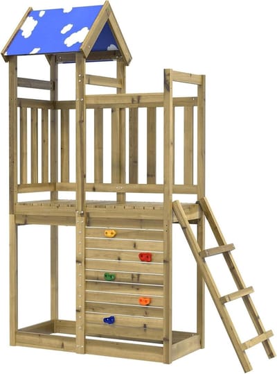 Houten Speeltoren - Speelhuis Buiten - Actief Buitenspelen - Glijbaan Schommel Klim - 1105 cm Lengte - Bruin