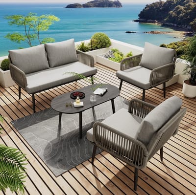 Sweiko Tuin loungeset - 2 zits Bank + 2 Fauteuils + Salontafel - Handgeweven touw + Gegalvaniseerd staal - Houten glazen tafelblad - Met kussens - Grijs