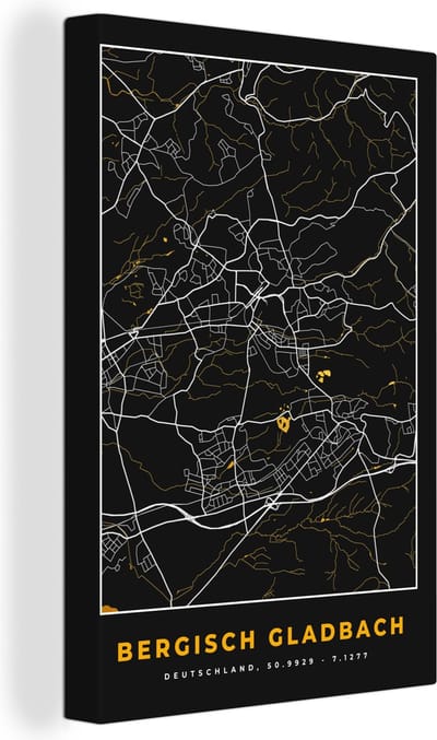 Canvas Schilderij Stadskaart – Plattegrond – Duitsland – Goud – Bergisch Gladbach – Kaart - 20x30 cm - Wanddecoratie