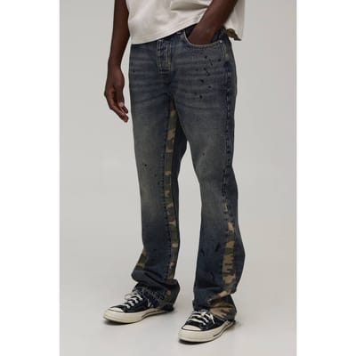 Gewassen Camo Gusset Gestapelde Wijduitlopende Jeans | Mid Wash | Size 32R