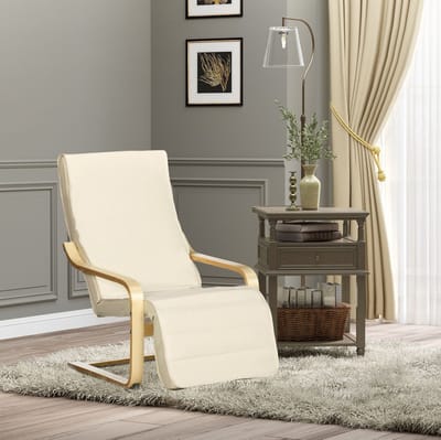 MIVRAY Relaxfauteuil 66,5 x 94 x 100 cm - Handmatig Verstelbare 5-Standen Voetensteun - Voor Woonkamer En Slaapkamer - Berkenhout En Stof Crèmewit