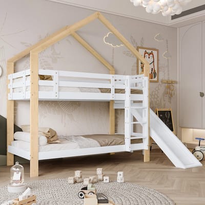 MEUNIQ stapelbed 90x200 cm met glijbaan, 3-trede ladder en uitvalbeveiliging, huisbed voor kinderkamer, grenen en MDF, wit naturel