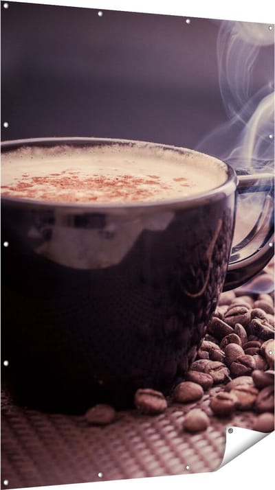 Gards Tuinposter Hete Koffie Kop met Koffiebonen - 120x180 cm - Tuindoek - Tuindecoratie - Wanddecoratie buiten - Tuinschilderij