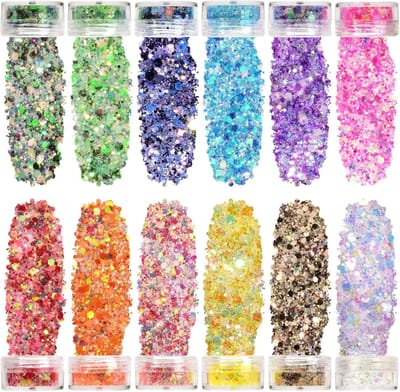 Thijox - Glitter-gezicht, 12 kleuren fluorescerende dikke pailletten set voor festival body glitter poeder, make-up voor gezicht, nagels, ogen, haar,