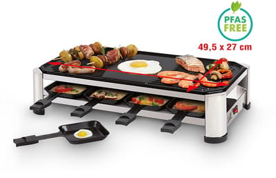 FRITEL Raclette Grill RG 2170 - Elektrische Tafelgrill - Gourmetstel & Teppanyaki - PFAS vrij - 1500W - 49,5x27 cm - 2 tot 8 Personen - Incl. 8 Raclettepannetjes & Spatels